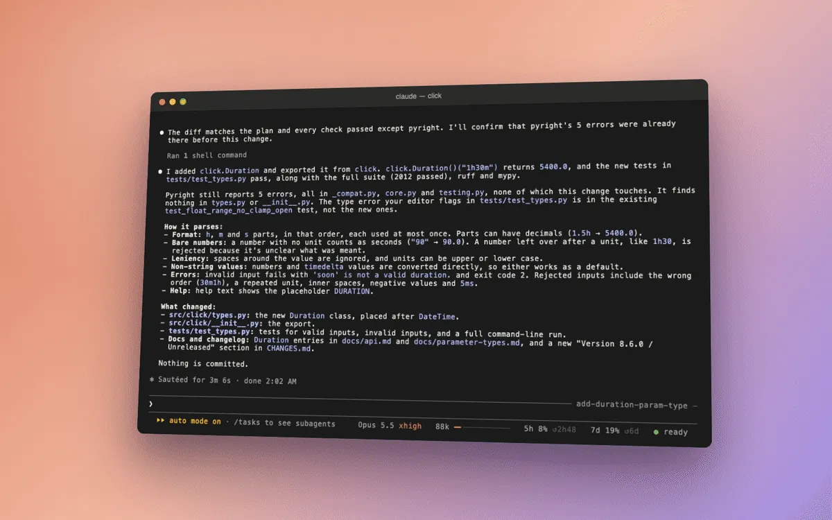 A real Claude Code session: in plan mode Claude plans a new parameter type for click; the plan is approved; Claude hands it to a Sonnet worker, whose card shows its steps live; then Claude checks the diff and reports that the new type works and the full suite passes.
