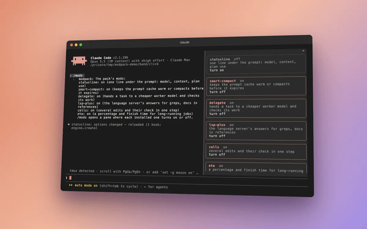 A real Claude Code session: /mods lists the pack’s mods (recorded before route and seek joined) and opens a pane of cards; the status line is turned off and disappears, then turned on again.